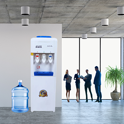 Office workers refilling their water bottles at an Atlantis Sky water dispenser. Office workers refilling their water bottles at an Atlantis Sky water dispenser.