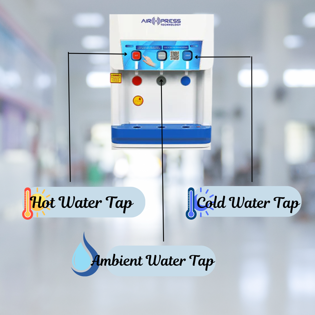 Features touchless air press operation and provides hot, cold, and normal water. Features touchless air press operation and provides hot, cold, and normal water.