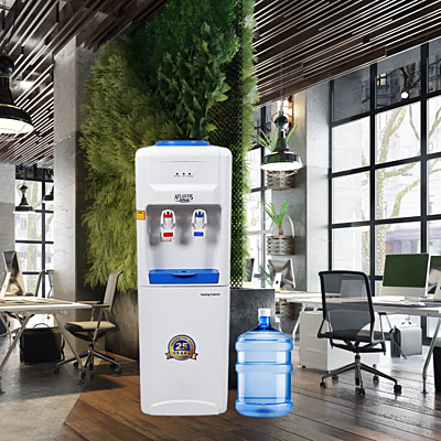 Top-loading water bottle being installed in an Atlantis Blue H/C dispenser. Top-loading water bottle being installed in an Atlantis Blue H/C dispenser.