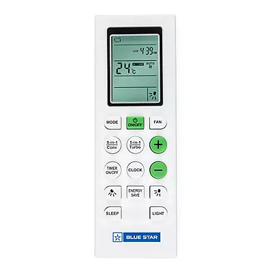 A person using the remote control to adjust the settings of the Blue Star IC312ONU. A person using the remote control to adjust the settings of the Blue Star IC312ONU.