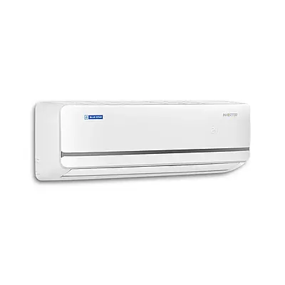 Close-up of the Blue Star Inverter Split AC indoor unit, showcasing its modern design and display. Close-up of the Blue Star Inverter Split AC indoor unit, showcasing its modern design and display.