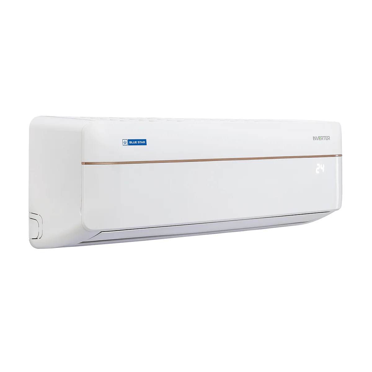 Close-up of the Blue Star Inverter Split AC indoor unit, showcasing its modern design and display.