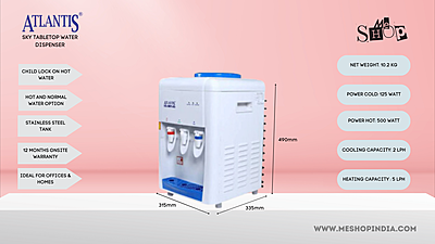 Infographic image of Atlantis Sky Table Top water dispenser with Hot cold and normal water option Infographic image of Atlantis Sky Table Top water dispenser with Hot cold and normal water option