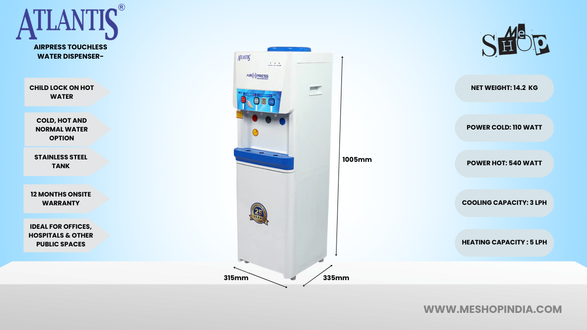 Infographic Picture of Atlantis Touchless Water Dispenser Air Press Hot/Cold/Normal water options Infographic Picture of Atlantis Touchless Water Dispenser Air Press Hot/Cold/Normal water options