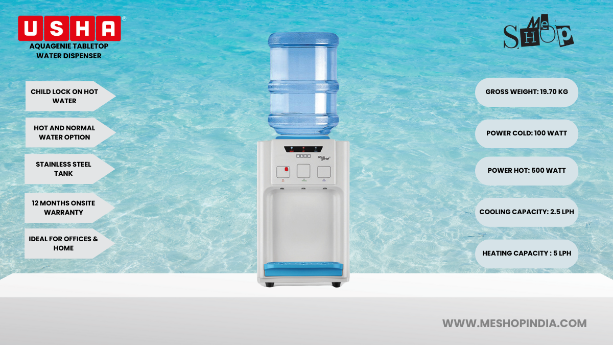 Infographic image of Usha Aquagenie Table Top water dispenser Infographic image of Usha Aquagenie Table Top water dispenser