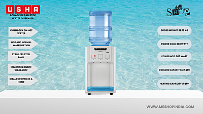 Infographic image of Usha Aquagenie Table Top water dispenser Infographic image of Usha Aquagenie Table Top water dispenser
