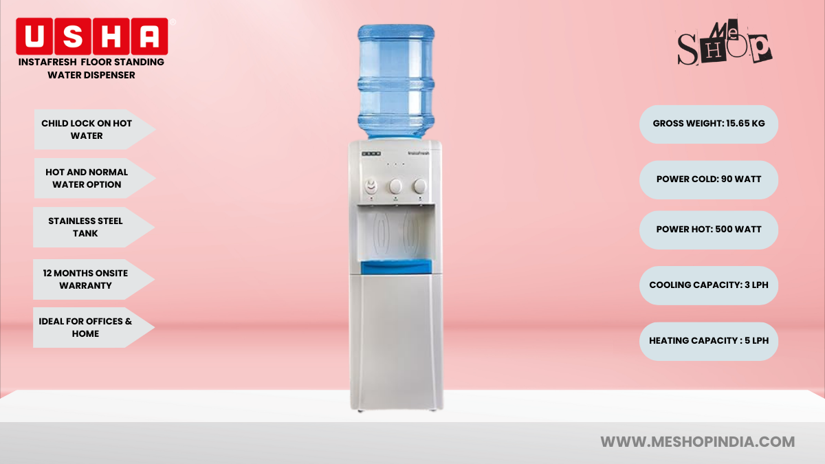 Infographic image of Usha Instafresh Floor standing water dispenser Infographic image of Usha Instafresh Floor standing water dispenser