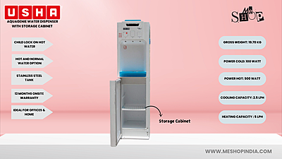 Infographic image of Usha Aquagenie water dispenser with Storage cabinet Infographic image of Usha Aquagenie water dispenser with Storage cabinet