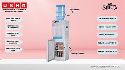 Infographic image of Usha Aquagenie water dispenser with cooling cabinet Infographic image of Usha Aquagenie water dispenser with cooling cabinet