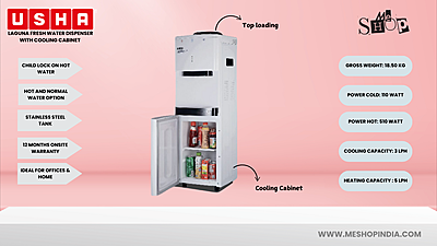 Infographic image of Usha Laguna water dispenser with cooling cabinet Infographic image of Usha Laguna water dispenser with cooling cabinet