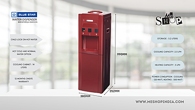 Infographic picture of Blue star BWD3FMRGA-Maroon Water dispenser with cooling cabinet Infographic picture of Blue star BWD3FMRGA-Maroon Water dispenser with cooling cabinet