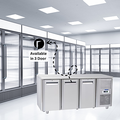Stainless steel Blue Star 3 Door Under Counter Chiller with digital temperature display. Stainless steel Blue Star 3 Door Under Counter Chiller with digital temperature display.