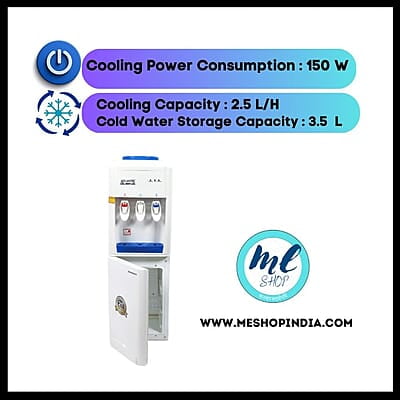 Floor-standing water dispenser with a child safety lock on the hot water tap.